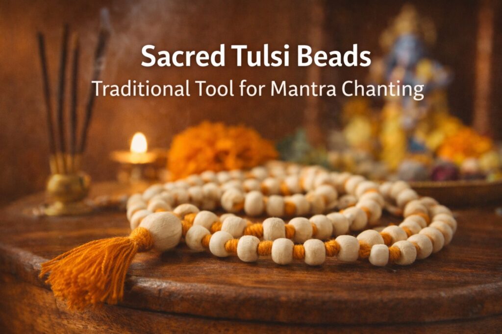 Close-up of sacred Tulsi mala beads used for Hindu mantra chanting