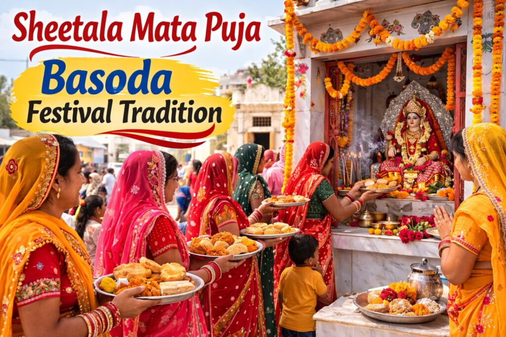 Devotees offering Basoda prasad at Sheetala Mata temple during Sheetala Ashtami festival