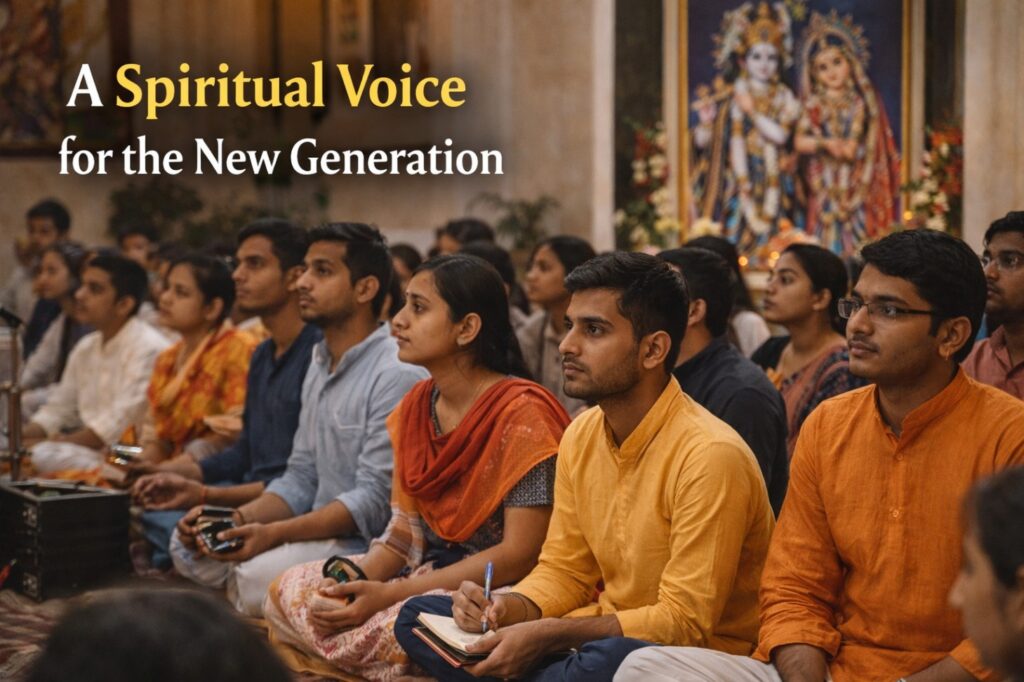 Young devotees listening to spiritual teachings in a satsang hall with Radha and Krishna devotional posters in the background.