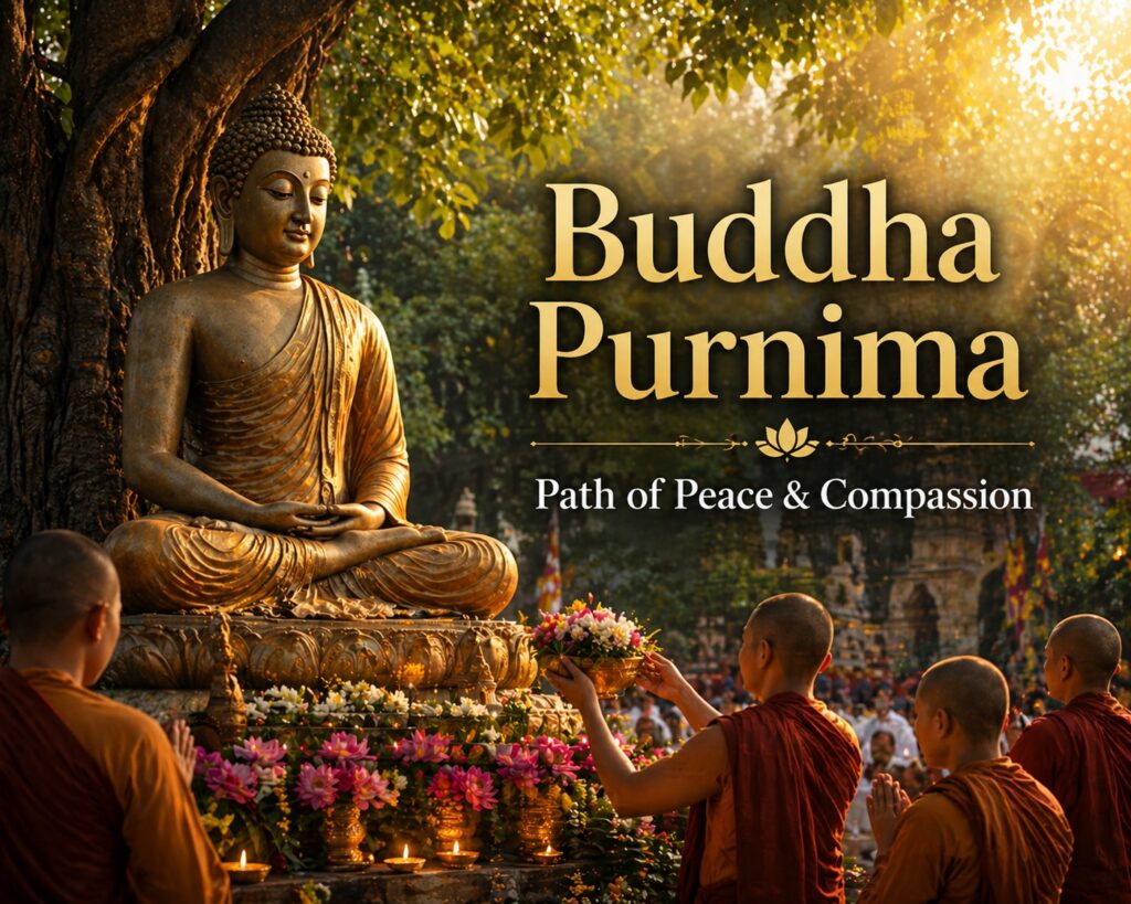 Gautam Buddha statue under Bodhi tree with devotees celebrating Buddha Purnima