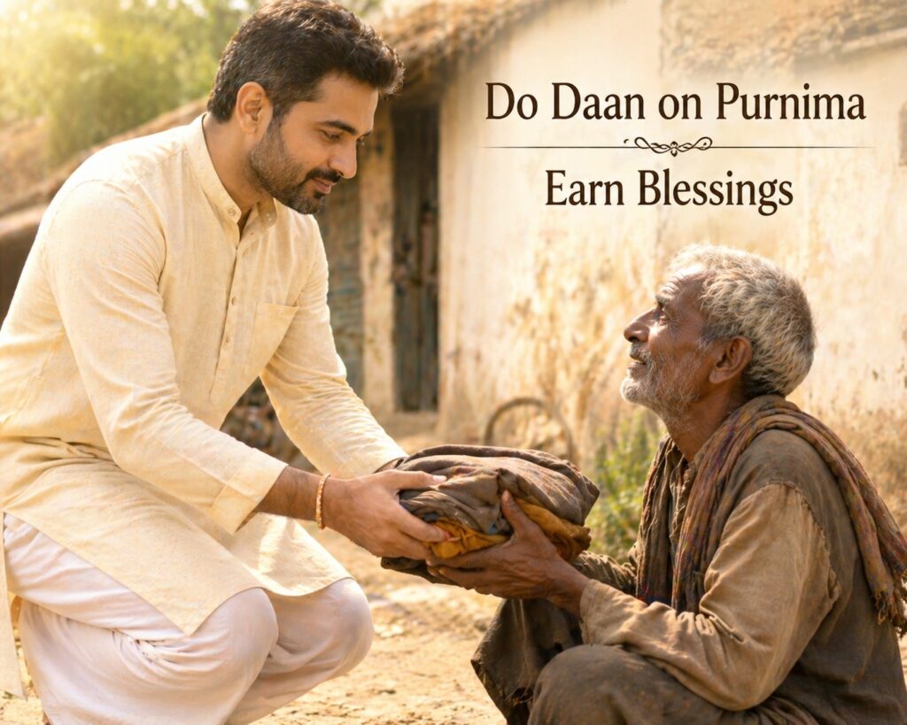 Person donating food and clothes on Vaishakh Purnima showing kindness and charity