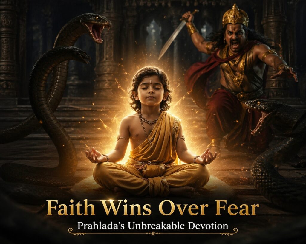 Prahlada devotion scene showing divine protection during Narasimha Jayanti story