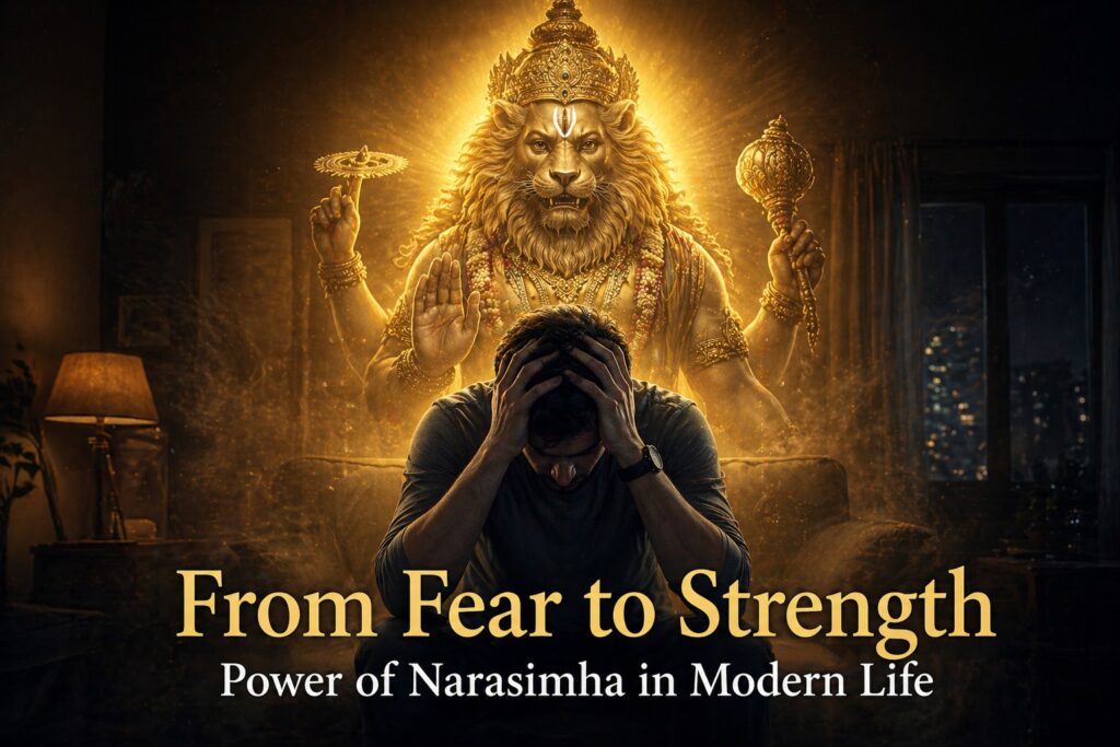 Symbolic image of Lord Narasimha removing fear and stress in modern life