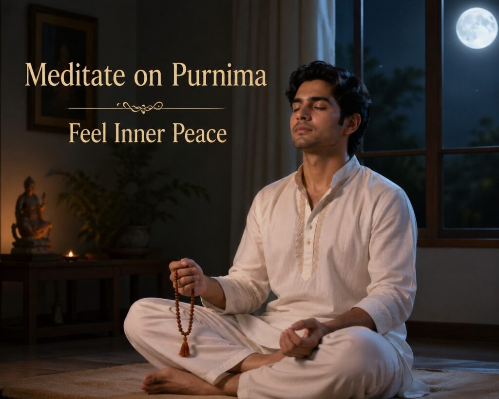 Person meditating with tulsi mala during Purnima for peace and spiritual growth