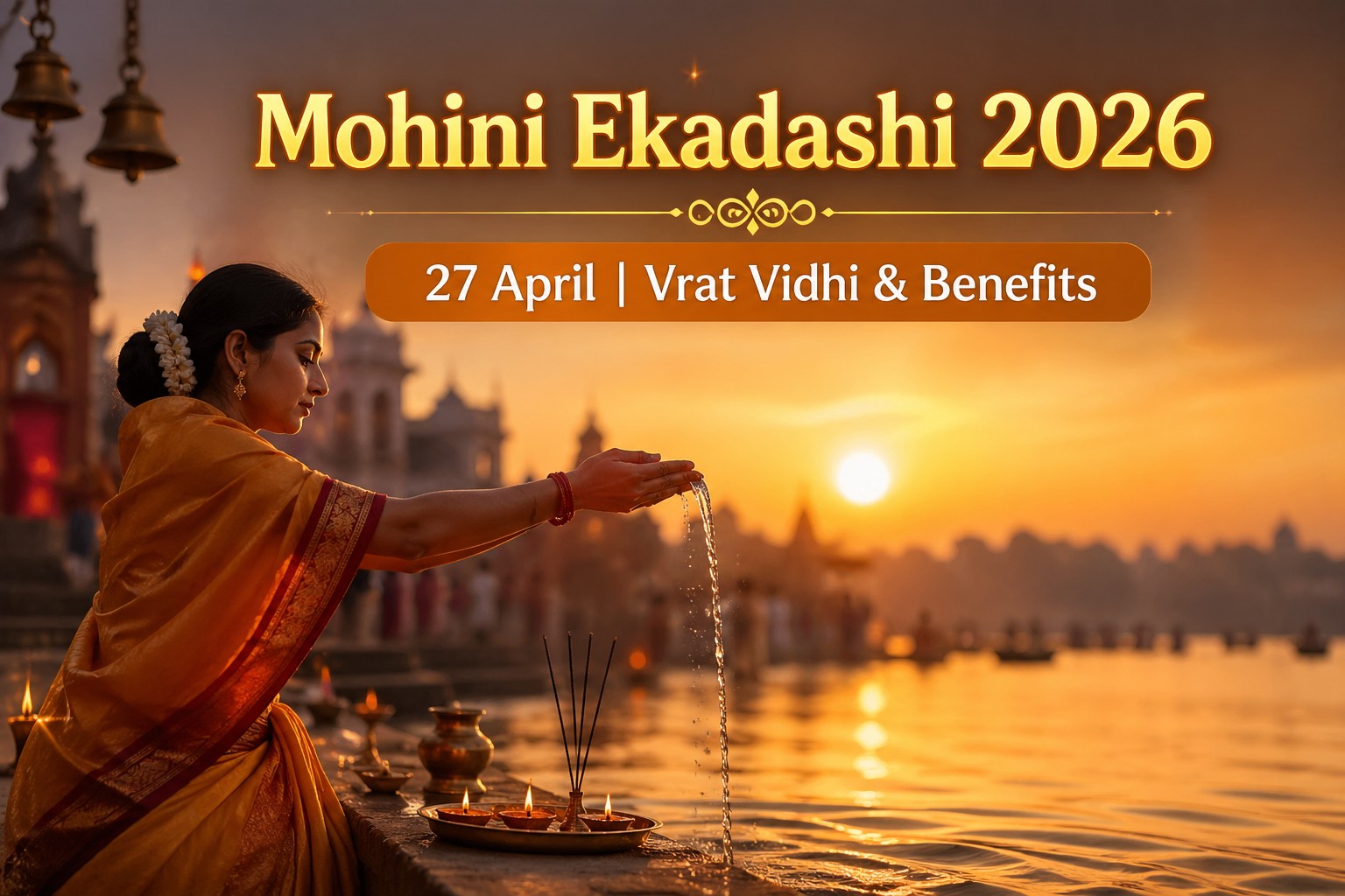 Mohini Ekadashi 2026 sunrise tarpan ritual by devotee near holy river with diya and spiritual atmosphere