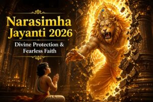 Narasimha Jayanti 2026 featured image showing Lord Narasimha protecting Prahlada with divine aura