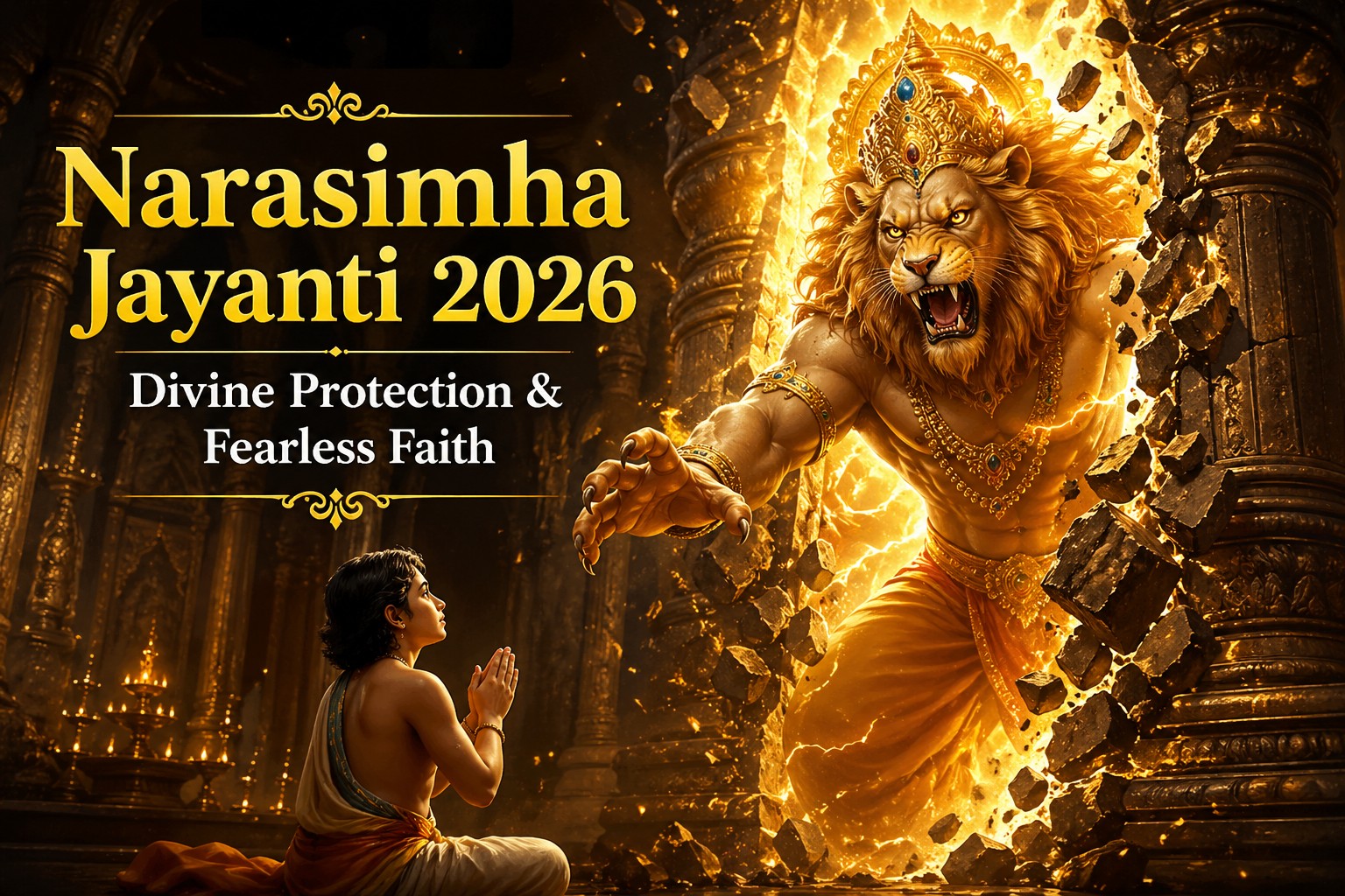 Narasimha Jayanti 2026 featured image showing Lord Narasimha protecting Prahlada with divine aura