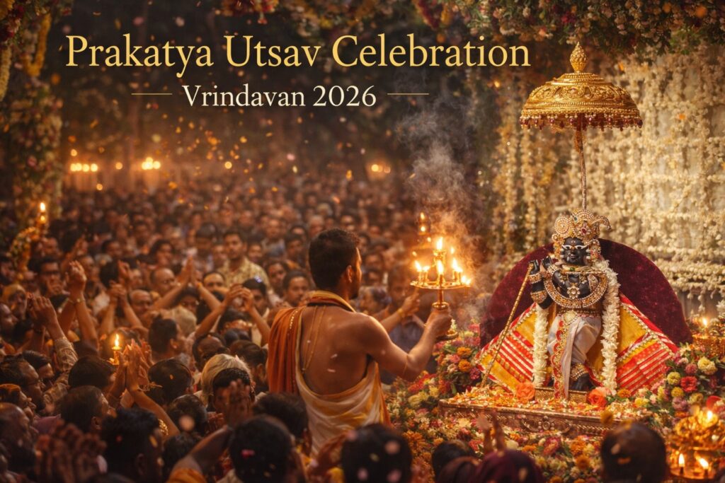Radha Raman Temple Vrindavan celebration Prakatya Utsav devotees aarti scene