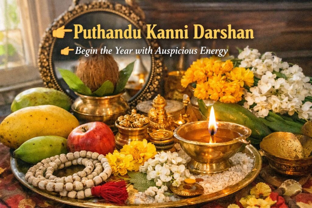 Tamil New Year Kanni arrangement with diya fruits and Tulsi mala