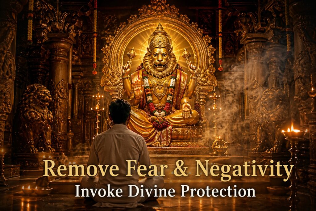 Devotee meditating in front of Lord Narasimha idol for protection and peace