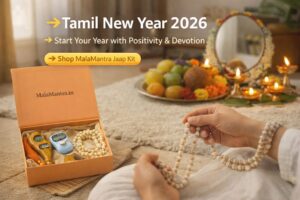 Tamil New Year 2026 Puthandu puja setup with Tulsi mala jaap and MalaMantra kit