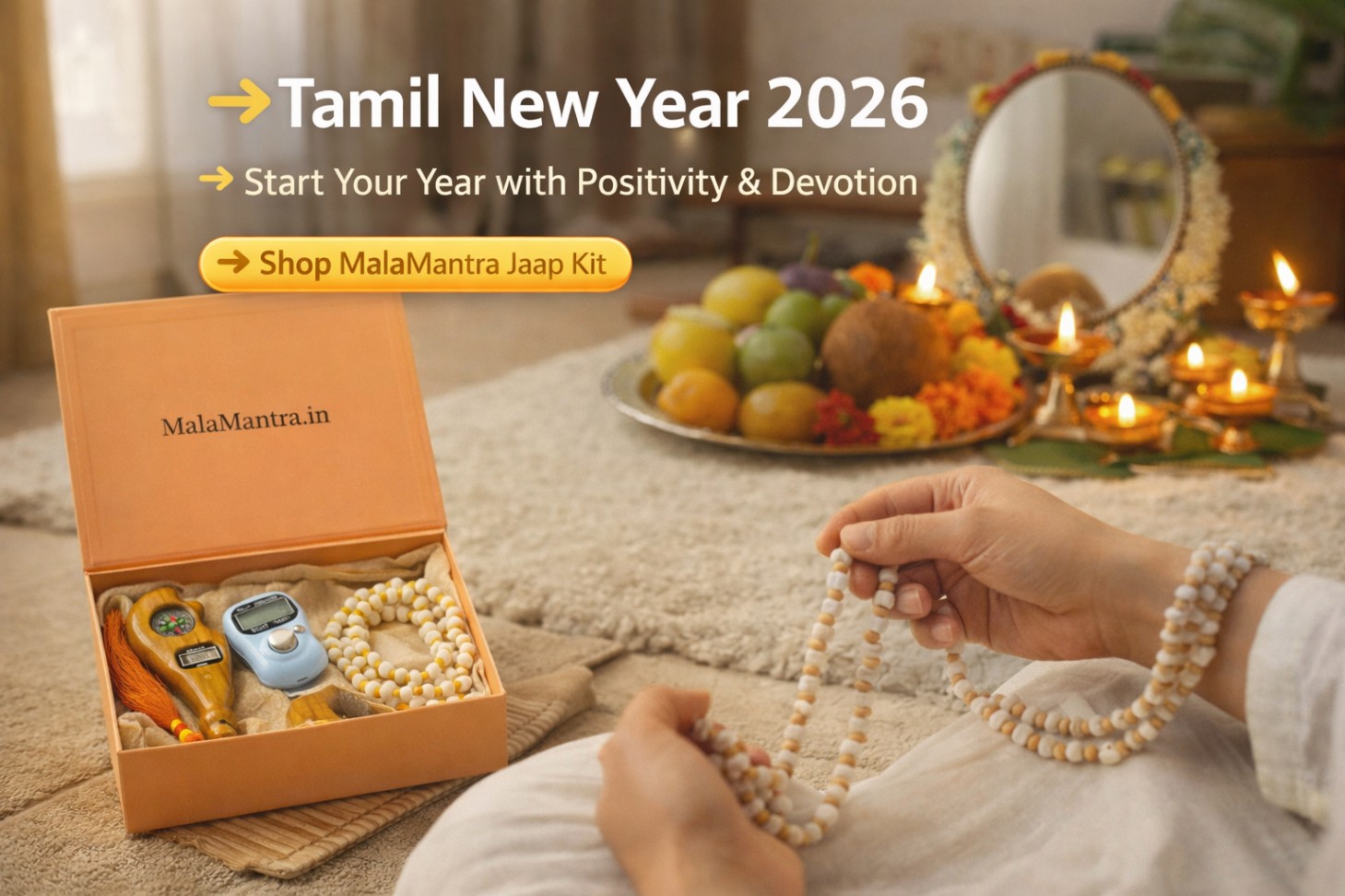 Tamil New Year 2026 Puthandu puja setup with Tulsi mala jaap and MalaMantra kit