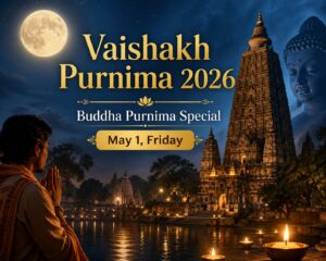 Vaishakh Purnima 2026 full moon over temple with spiritual atmosphere and Buddha Purnima theme