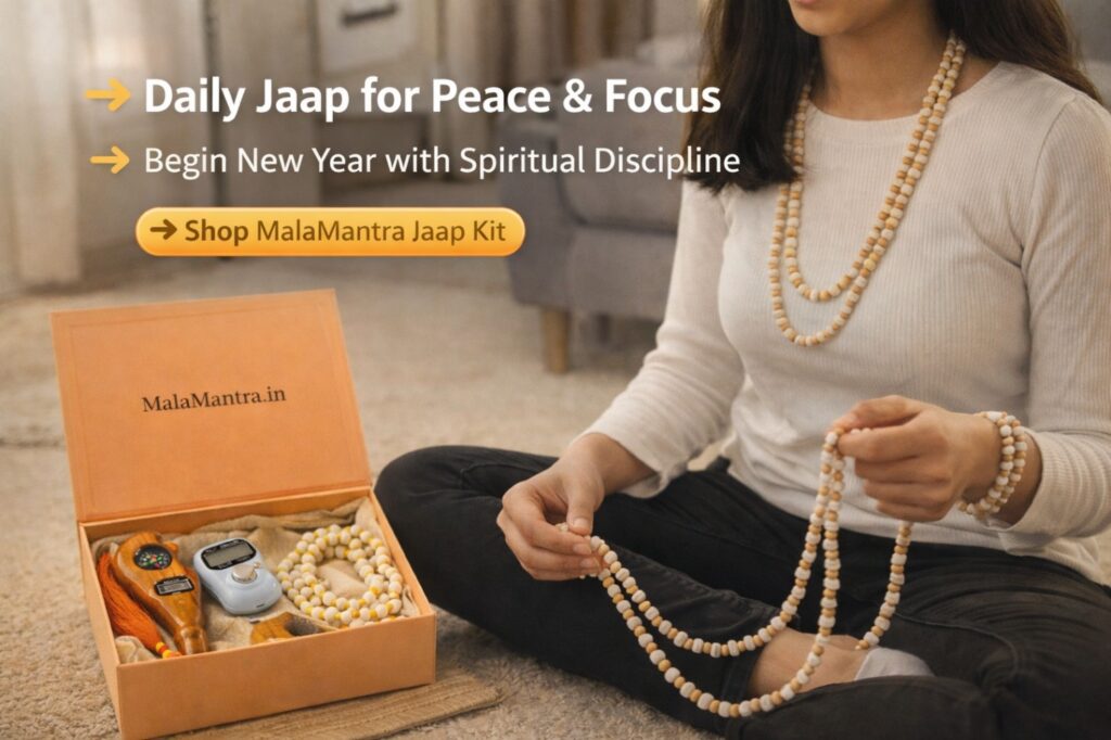 Person doing naam jaap with Tulsi mala wearing kanthi mala at home