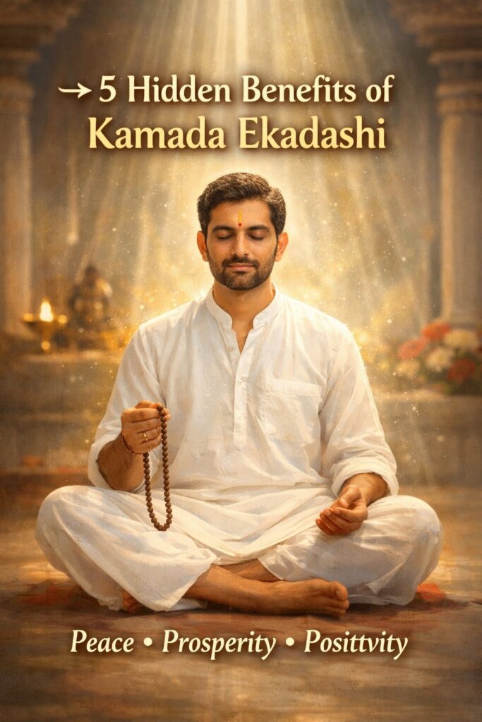 Kamada Ekadashi benefits image showing devotee meditation and spiritual peace