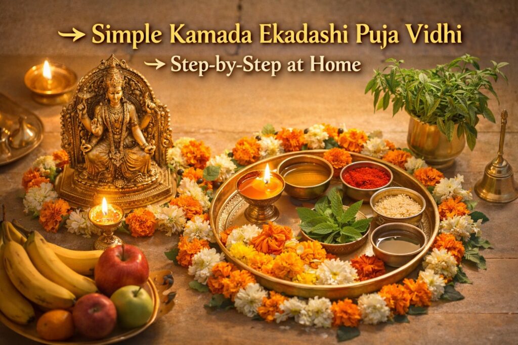 Kamada Ekadashi puja vidhi setup with diya flowers and Vishnu idolKamada Ekadashi puja vidhi setup with diya flowers and Vishnu idol