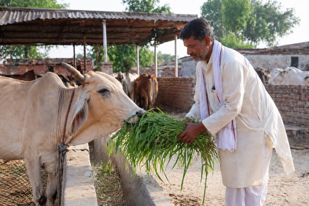 man feeding cow in gaushala India cow seva gau samman abhiyan support