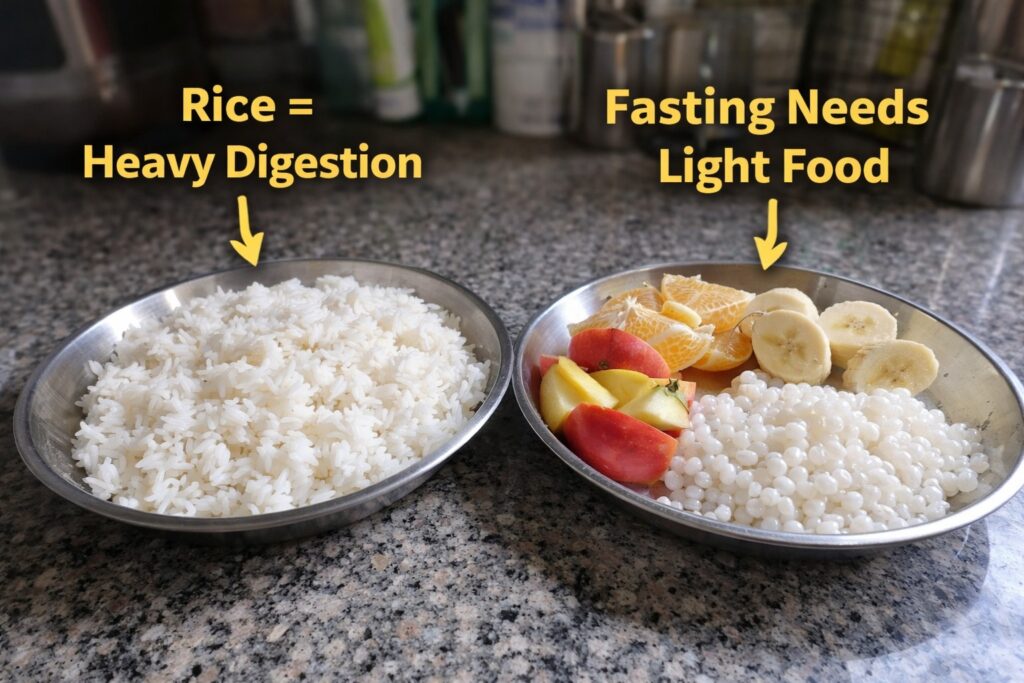 Rice vs vrat food comparison showing why rice is avoided on Ekadashi for light digestion