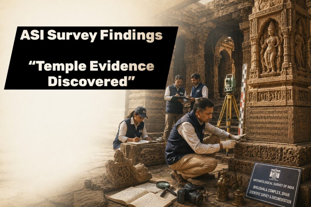 Bhojshala ASI survey report showing temple pillars and Sanskrit inscriptions