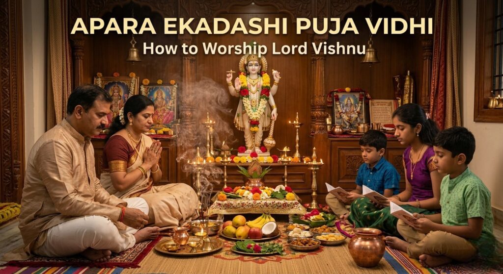 Hindu family performing Apara Ekadashi puja for Lord Vishnu