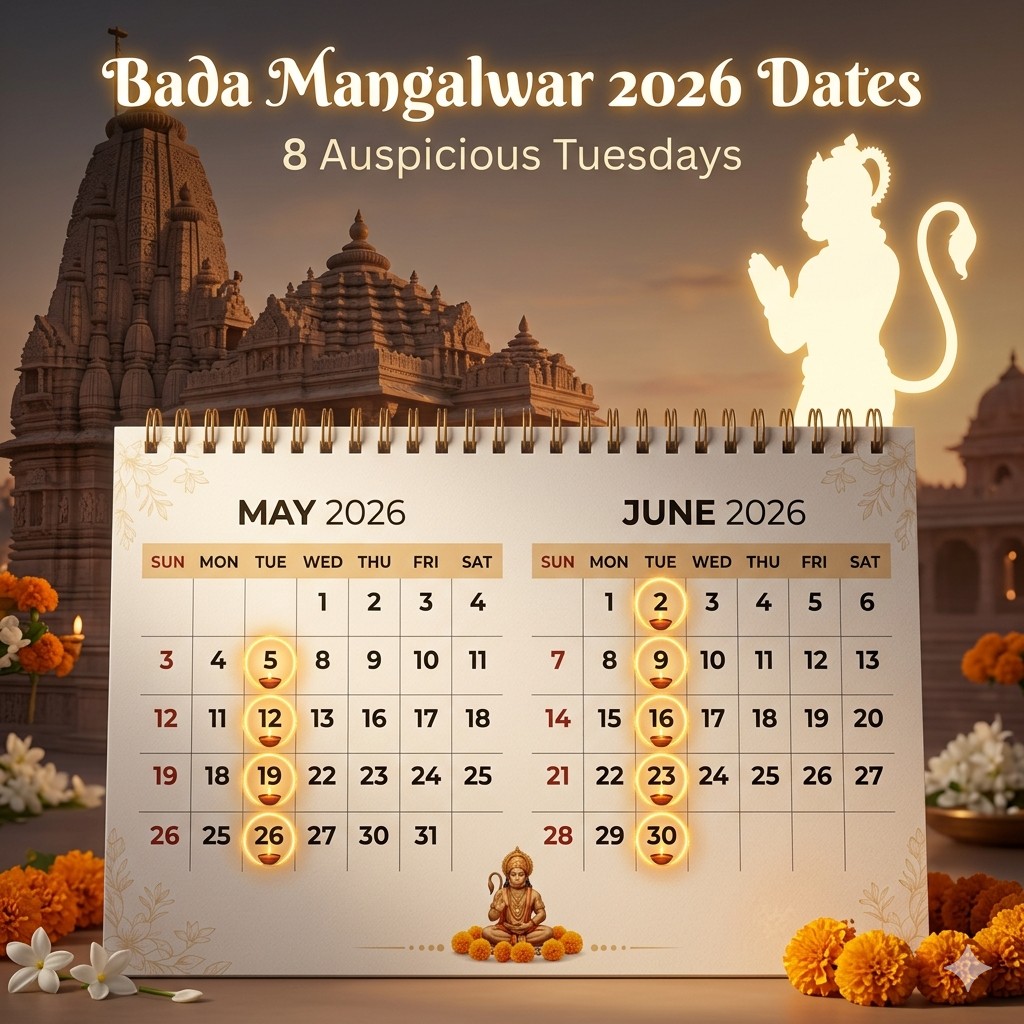 Bada Mangalwar 2026 dates calendar showing all Tuesdays of Jyeshtha month