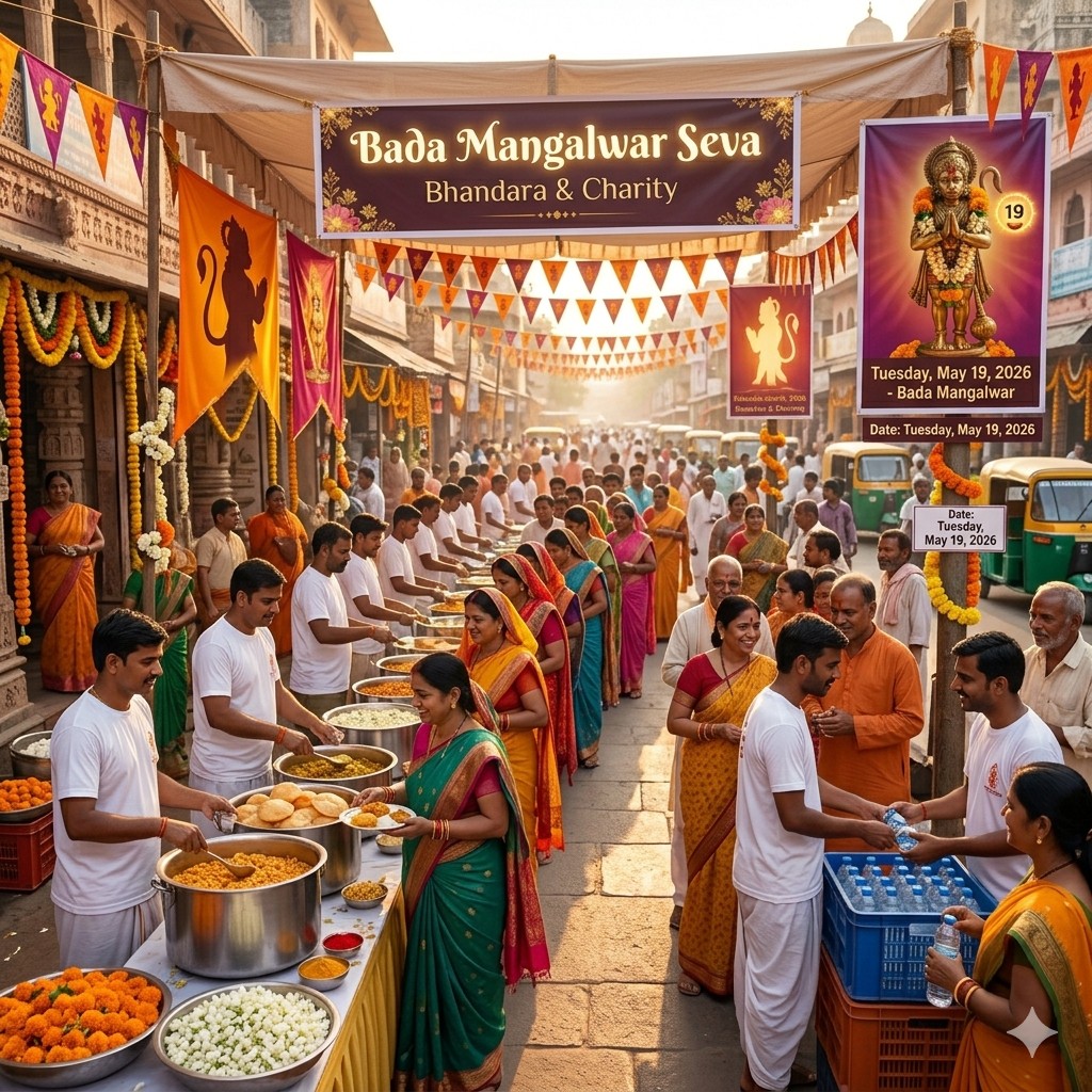 Bada Mangalwar bhandara seva with people distributing food and water to devotees