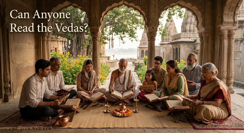 People reading Vedas together showing inclusivity and learning - Can Anyone Read Vedas