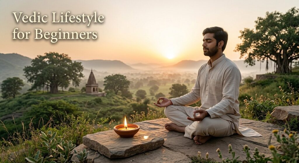 Person meditating at sunrise following Vedic lifestyle routine