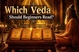 Ancient Vedas scripture with sage meditating - beginner guide to Vedas