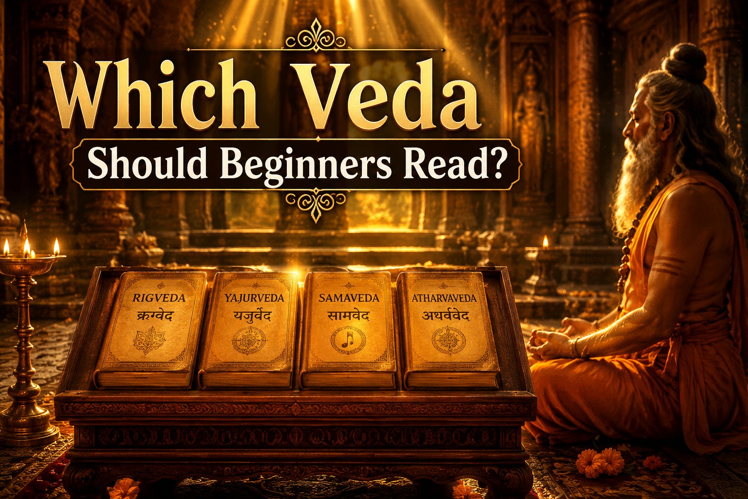 Ancient Vedas scripture with sage meditating - beginner guide to Vedas