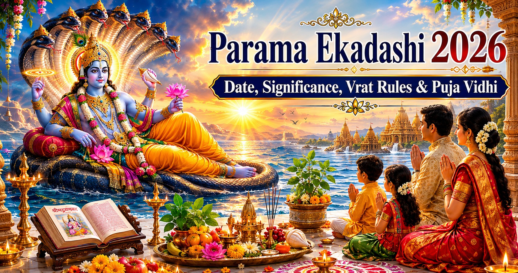 Parama Ekadashi 2026 featured image showing Lord Vishnu blessings and devotees observing Ekadashi vrat