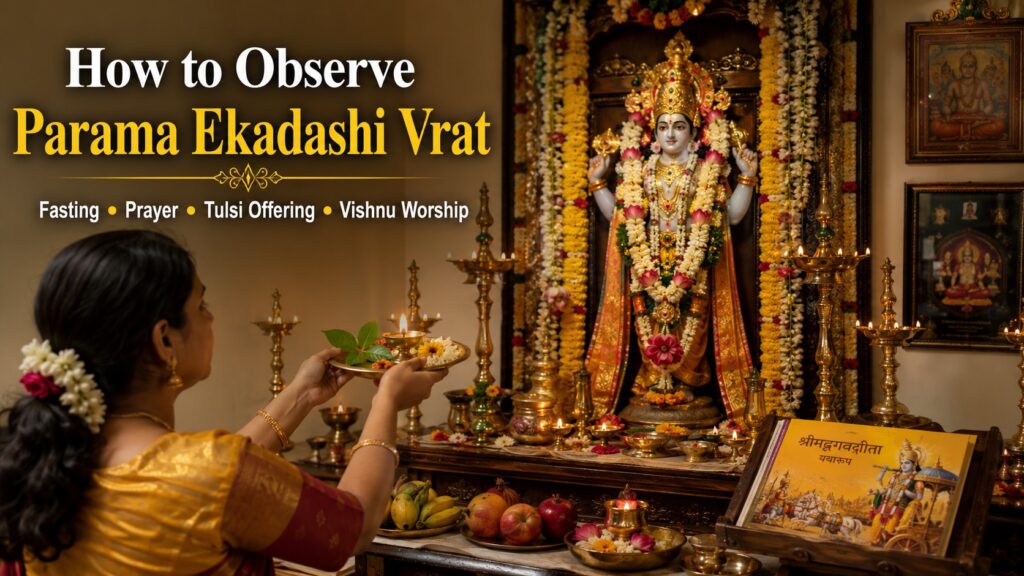 Devotee performing Parama Ekadashi puja with Tulsi leaves and Lord Vishnu worship at home temple