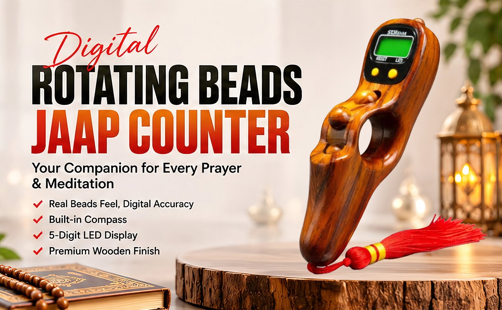 Digital Jaap Counter with rotating beads and LED display for mantra chanting
