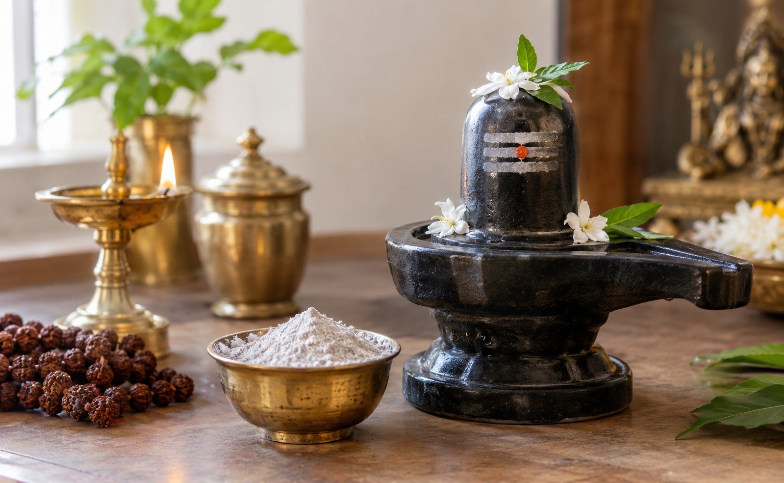 Vibhuti in a brass bowl beside a Shiva lingam during Hindu puja