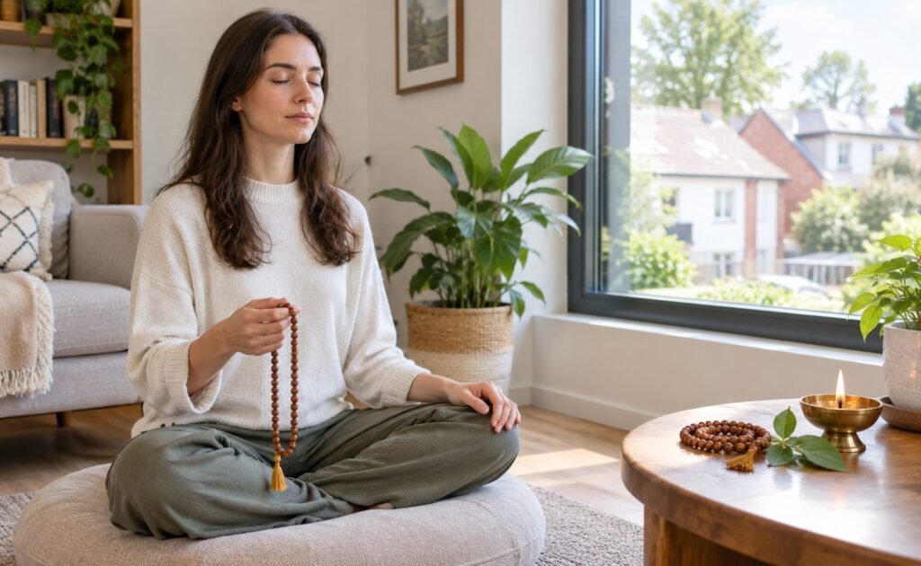Person practicing naam jaap meditation with a japa mala while reflecting on karma and cause and effect