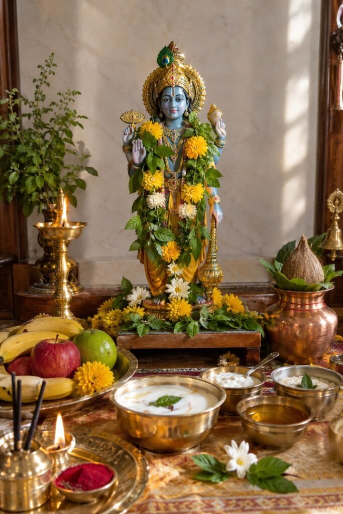 Parivartini Ekadashi 2026 Lord Vishnu idol decorated with Tulsi and yellow flowers