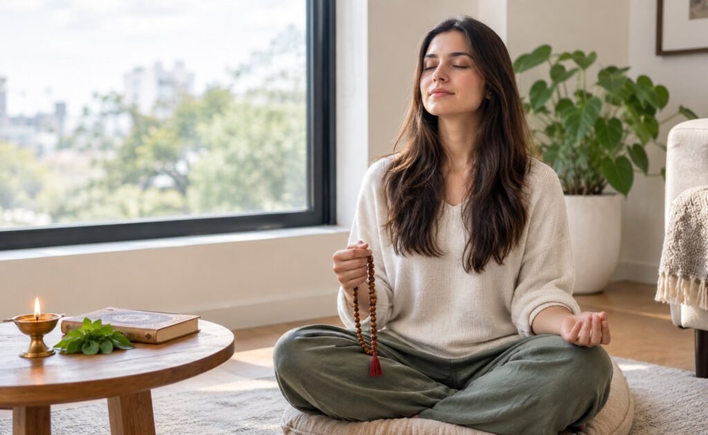 Person practicing mantra meditation with a japa mala for spiritual focus and inner calm