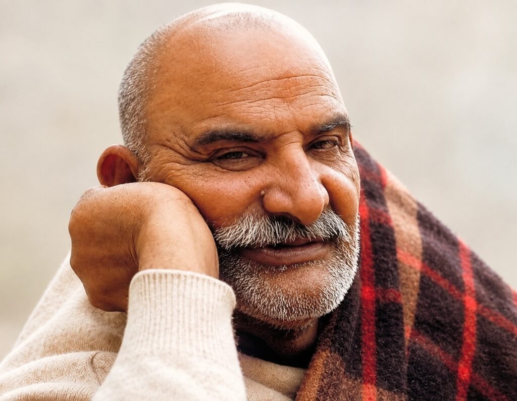 Close-up portrait of Neem Karoli Baba with a simple peaceful background
