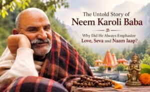 Neem Karoli Baba teaching love, seva and naam jaap in a peaceful spiritual setting