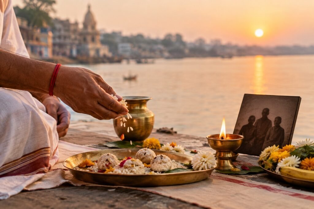 Pitru Paksha rituals by a riverside with pind offerings, rice, flowers, brass diya, kalash and ancestral remembrance