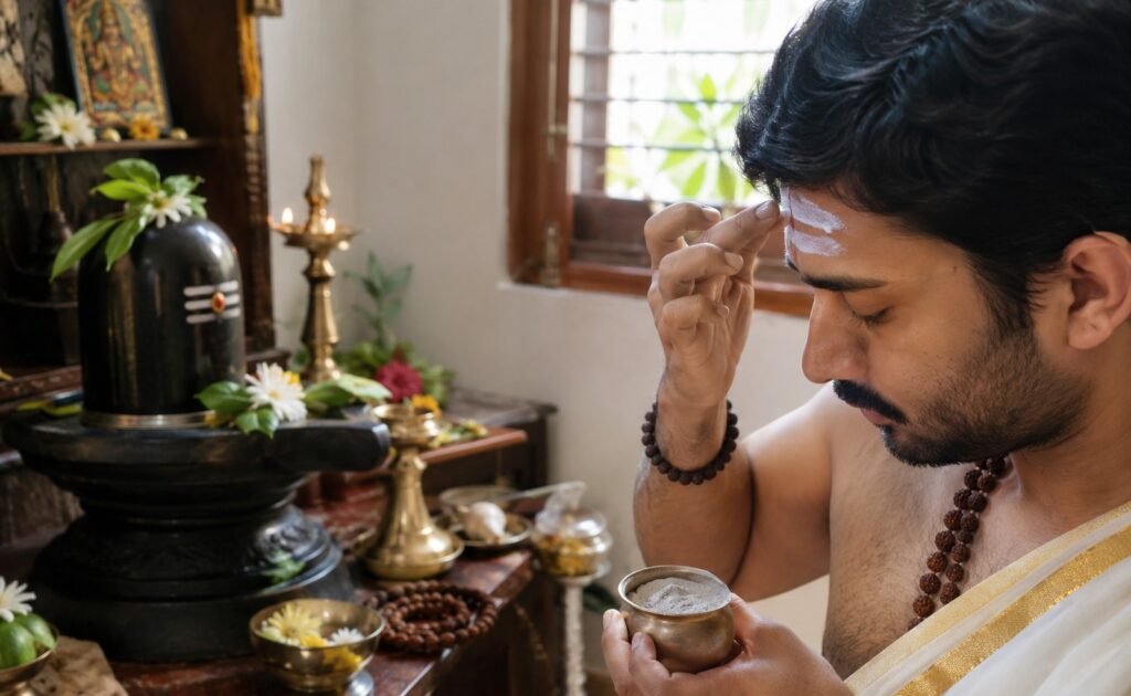 Devotee applying vibhuti on forehead during Shiva puja
