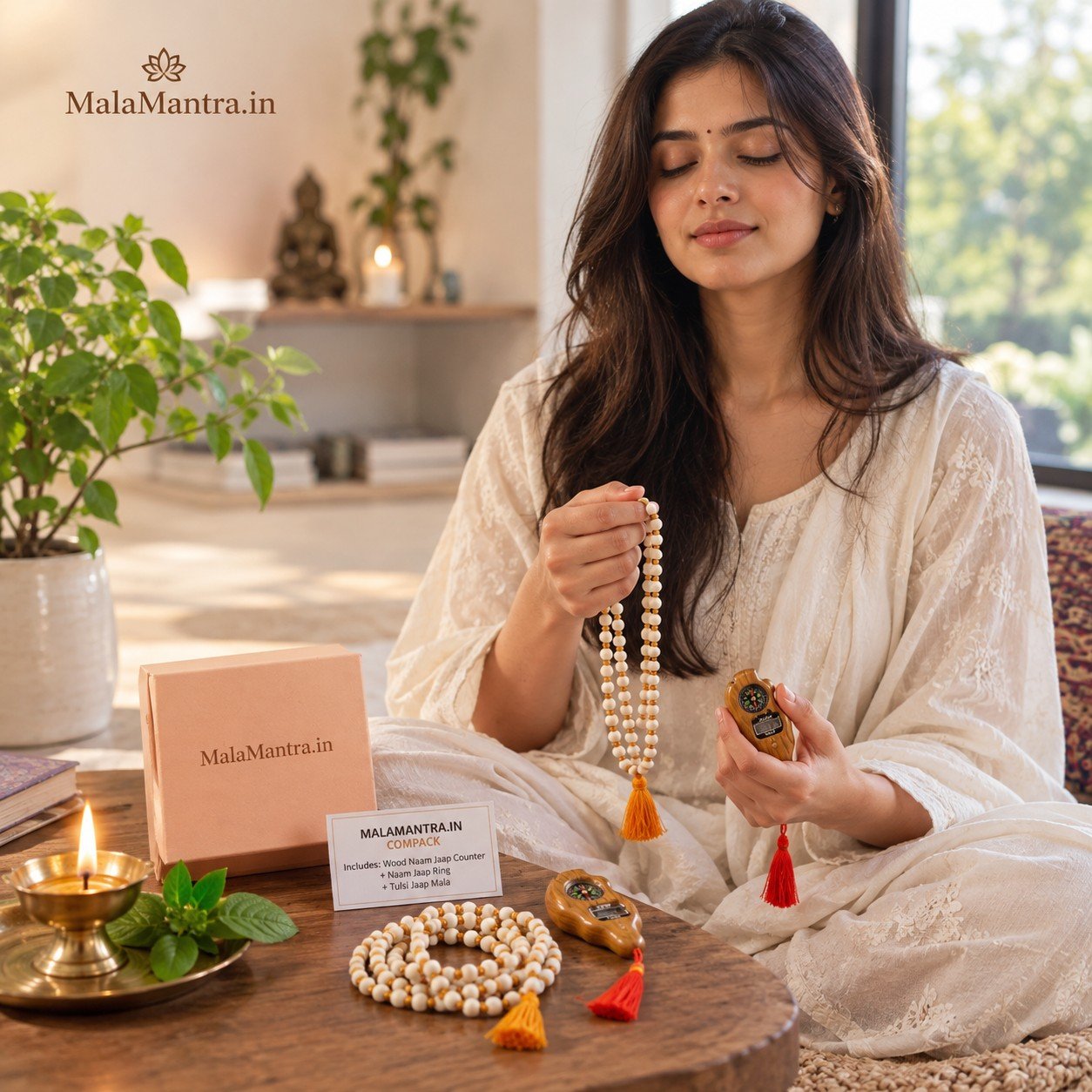 Woman practicing naam jaap with MalaMantra Tulsi Jaap Mala and wooden jaap counter beside MalaMantra.in Jaap Sadhana Combo box