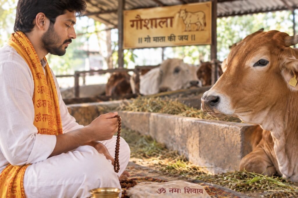 Naam Jaap and Gau Seva at a traditional Gaushala
