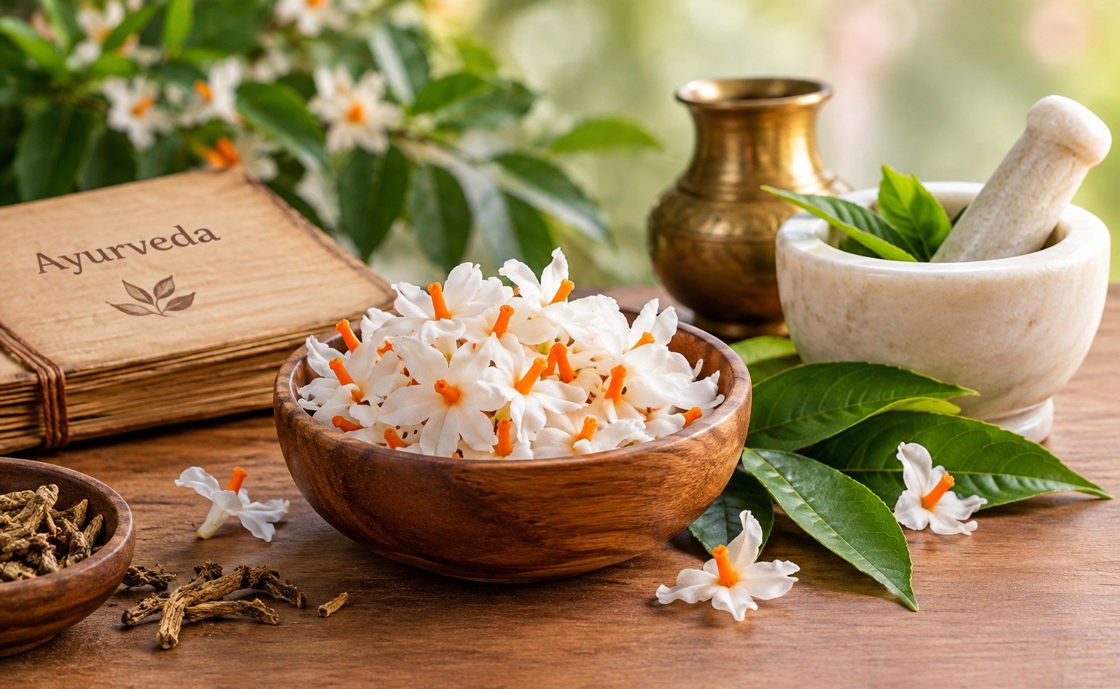 Parijat Pushp Ayurvedic Benefits – white Harshringar flowers with Ayurvedic herbs