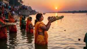 Chhath Puja 2026 devotees offering Arghya to the setting Sun at a river ghat with traditional fruits, thekua, and bamboo baskets.