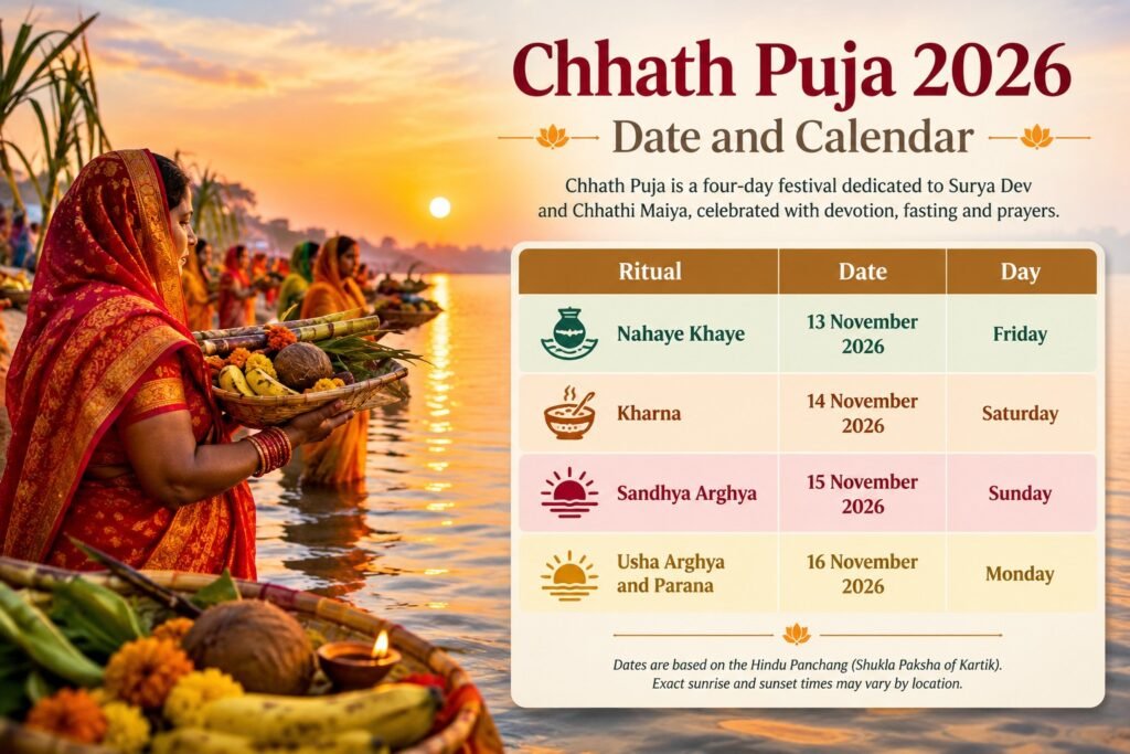 Chhath Puja 2026 date and calendar showing Nahaye Khaye, Kharna, Sandhya Arghya, and Usha Arghya rituals.