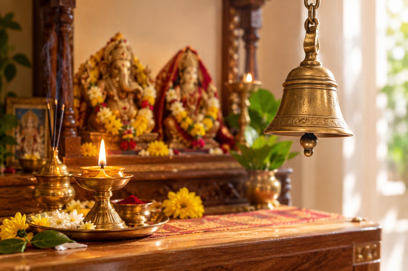 Hindu puja bell or ghanti in a traditional home mandir with diya and flowers