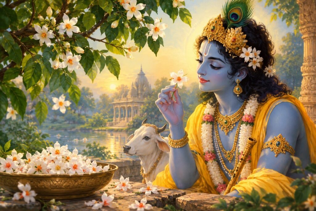 Lord Krishna surrounded by Parijat Flowers in a spiritual temple garden