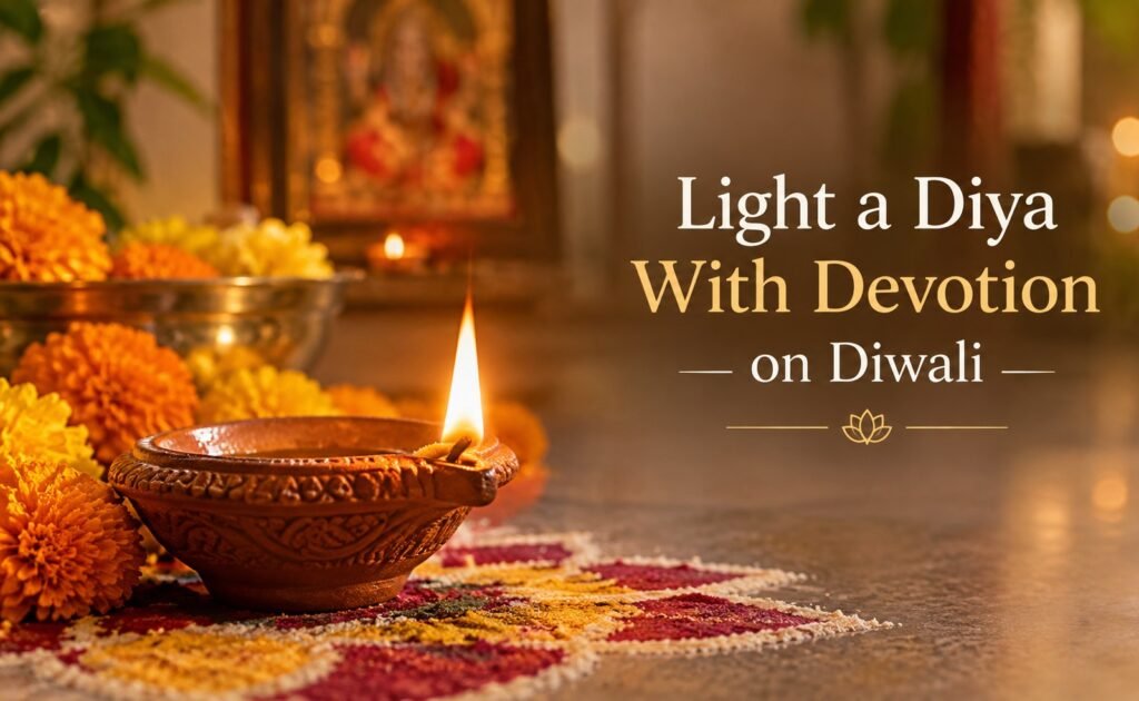 Diwali 2026 Spiritual Meaning: Glowing brass diya, marigold flowers and traditional Hindu puja decorations.