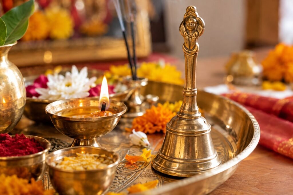 Brass Hindu puja bell or ghanti placed in a puja thali with diya and flowers